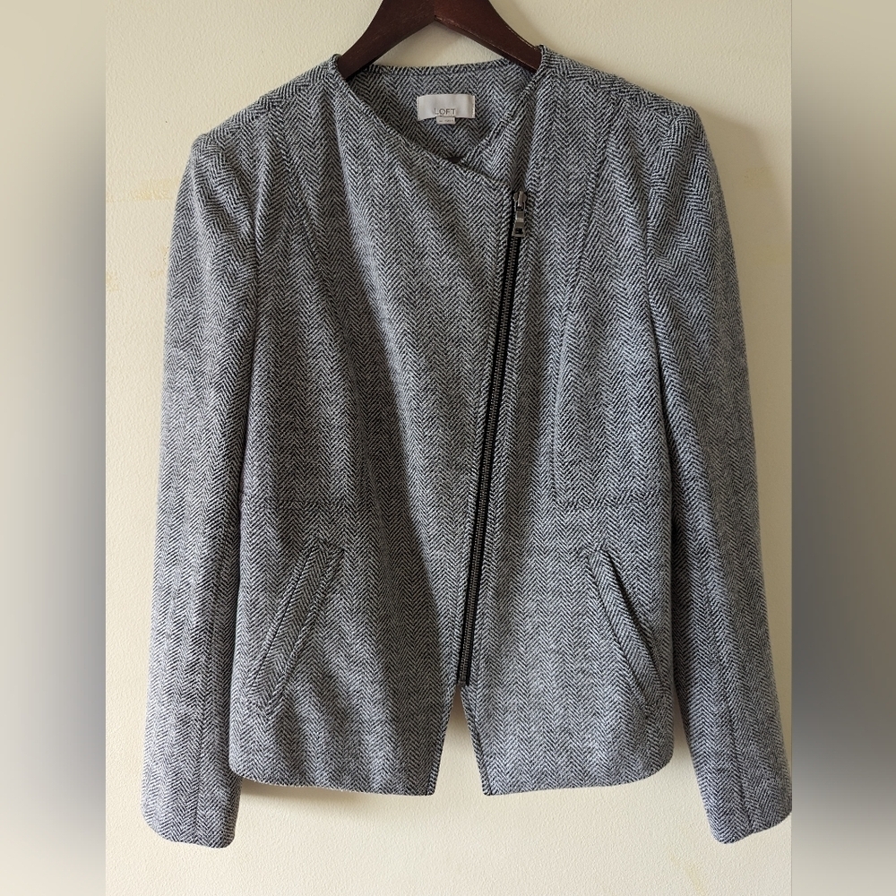 LOFT  herringbone blazer jacket with zipper long sleeve front lined size medium